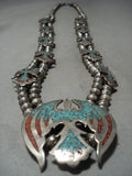 Incredible Mid Century Vintage Navajo Native American Jewelry jewelry Bird Turquoise Squash Blossom Necklace-Nativo Arts