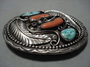 Incredible Vintage Native American Jewelry Navajo Coral Helen Lucas Sterling Silver Buckle Old-Nativo Arts