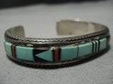 Incredible Vintage Native American Jewelry Navajo Green Turquoise Inlay Sterling Silver Bracelet Cuff-Nativo Arts