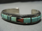 Incredible Vintage Native American Jewelry Navajo Green Turquoise Inlay Sterling Silver Bracelet Cuff-Nativo Arts