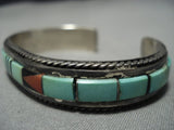 Incredible Vintage Native American Jewelry Navajo Green Turquoise Inlay Sterling Silver Bracelet Cuff-Nativo Arts