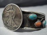 Incredible Vintage Native American Jewelry Navajo Turquoise Coral Sterling Silver Coin Bracelet Old-Nativo Arts
