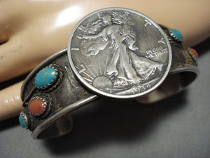 Incredible Vintage Native American Jewelry Navajo Turquoise Coral Sterling Silver Coin Bracelet Old-Nativo Arts