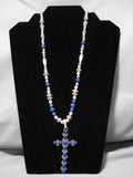 Incredible Vintage Native American Navajo Lin Johnson Sterling Silver Cross Lapis Necklace-Nativo Arts