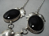 Incredible Vintage Native American Navajo Onyx Sterling Silver Leaf Necklace Old-Nativo Arts