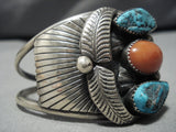 Incredible Vintage Native American Navajo Turquoise Coral Sterling Silver Bracelet Old-Nativo Arts