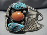 Incredible Vintage Native American Navajo Turquoise Coral Sterling Silver Bracelet Old-Nativo Arts