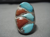 Incredible Vintage Navajo Native American Coral Turquoise Sterling Silver Ring-Nativo Arts