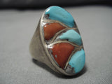 Incredible Vintage Navajo Native American Coral Turquoise Sterling Silver Ring-Nativo Arts