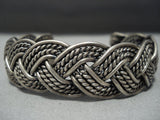 Incredible Vintage Navajo Native American Jewelry jewelry Hand Woven Thick Sterling Silver Bracelet Old-Nativo Arts