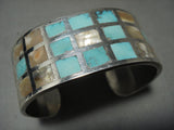 Incredible Vintage Zuni/ Navajo Turquoise 'Checkered' Inlay Native American Jewelry Silver Bracelet-Nativo Arts