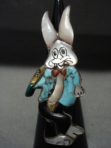 Incredibly Detailed Vintage Bunny Turquoise Coral Native American Jewelry Silver Buggs Ring-Nativo Arts