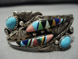 Incredibly Intricate! Vintage Native American Jewelry Navajo Turquoise Inlay Sterling Silver Bracelet-Nativo Arts