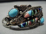 Incredibly Intricate! Vintage Native American Jewelry Navajo Turquoise Inlay Sterling Silver Bracelet-Nativo Arts