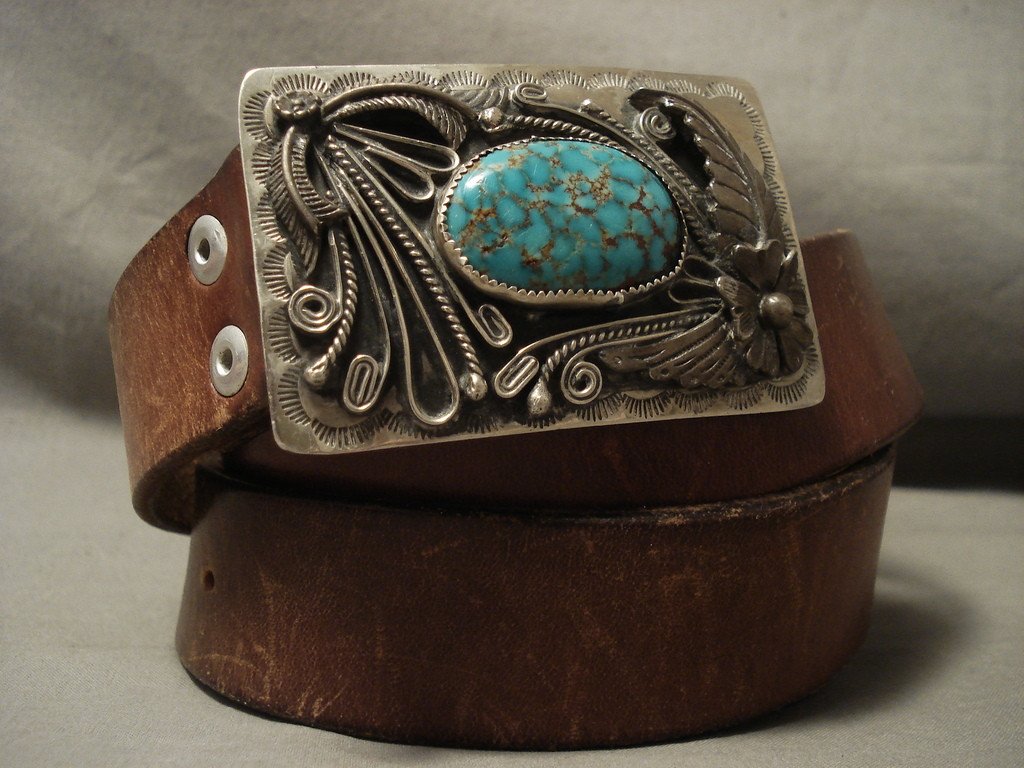 Intense #8 Turquoise Vintage Navajo Concho Buckle Native American Jewelry Silver Flare Belt Old
