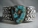 Intense And Intricate Navajo Wide Teardrop Turquoise Native American Jewelry Silver Bracelet-Nativo Arts