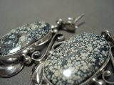 Intense Intricacy Matrix Spiderweb Turquoise Navajo Native American Jewelry Silver Earrings-Nativo Arts