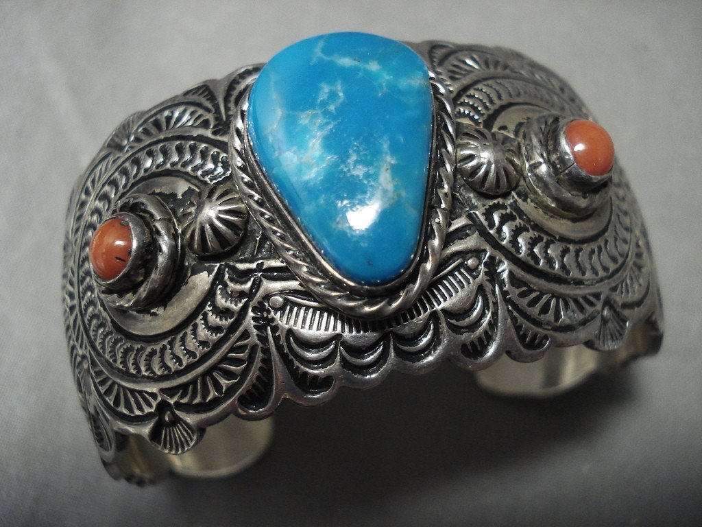 Intense Intricacy! Vintage Navajo Deep Blue Turquoise Coral Native