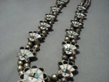 Intrciate!! Vintage Native American Jewelry Zuni Turquoise Sterling Silver Squash Blossom Necklace-Nativo Arts