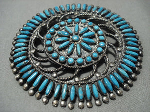Intricacy Galore! Vintage Zuni/ Navajo Needle Turquoise Native American Jewelry Silver Sun Pendant Pin-Nativo Arts