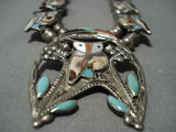 Intricate!! Vintage Native American Jewelry Zuni Turquoise Sterling Silver Squash Blossom Necklace Old-Nativo Arts