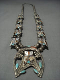 Intricate!! Vintage Native American Jewelry Zuni Turquoise Sterling Silver Squash Blossom Necklace Old-Nativo Arts