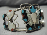 Intricate!! Vintage Native American Zuni Butterfly Sterling Silver Turquoise Inlay Bracelet-Nativo Arts