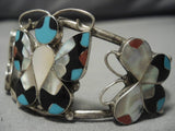 Intricate!! Vintage Native American Zuni Butterfly Sterling Silver Turquoise Inlay Bracelet-Nativo Arts