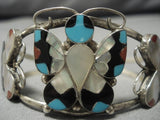 Intricate!! Vintage Native American Zuni Butterfly Sterling Silver Turquoise Inlay Bracelet-Nativo Arts