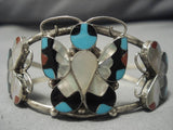 Intricate!! Vintage Native American Zuni Butterfly Sterling Silver Turquoise Inlay Bracelet-Nativo Arts