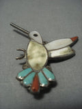 Intricate Vintage Zuni Turquoise Coral Sterling Native American Jewelry Silver Hummingbird Pin-Nativo Arts