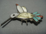Intricate Vintage Zuni Turquoise Coral Sterling Native American Jewelry Silver Hummingbird Pin-Nativo Arts