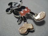 Intricate!! Zuni Turquoise Coral Native American Navajo Micky Sterling Silver Mouse Pendant Pin-Nativo Arts