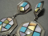 Long And Huge Vintage Zuni/ Navajo Turquoise Shell Native American Jewelry Silver Dnagle Earrings-Nativo Arts