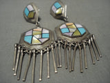 Long And Huge Vintage Zuni/ Navajo Turquoise Shell Native American Jewelry Silver Dnagle Earrings-Nativo Arts