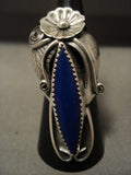 Long And Unique Shaped Vintage Navajo Lapis Native American Jewelry Silver Flower Ring-Nativo Arts