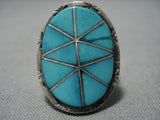 Maevelous Vintage Zuni Native American Inlay Turquoise Sterling Silver Ring Old-Nativo Arts