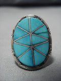 Maevelous Vintage Zuni Native American Inlay Turquoise Sterling Silver Ring Old-Nativo Arts