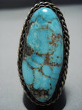 Magnificent Vintage Native American Jewelry Navajo Dramatic Turquoise Sterling Silver Ring Old-Nativo Arts