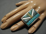 Magnificent Vintage Native American Navajo Inlaid Turquoise Sterling Silver Heavy Ring-Nativo Arts