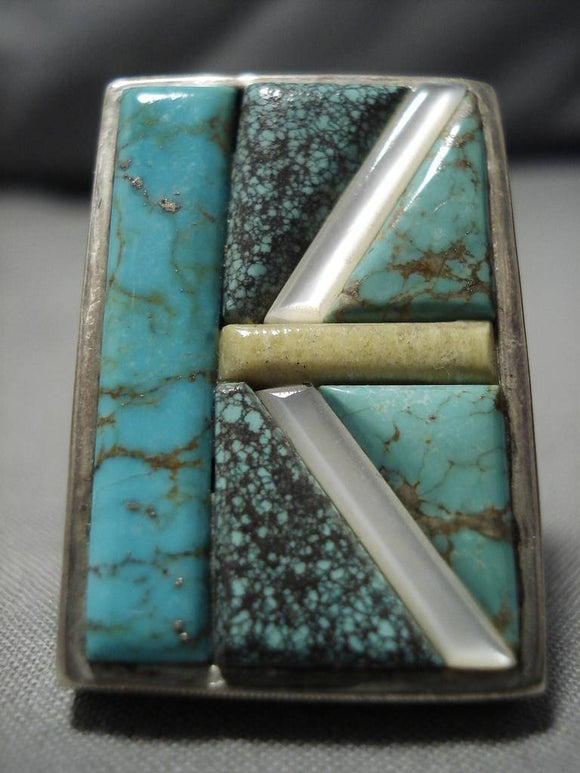 Magnificent Vintage Native American Navajo Inlaid Turquoise Sterling Silver Heavy Ring-Nativo Arts