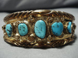 Magnificent Vintage Native American Navajo Turquoise Gold Sterling Silver Bracelet Old Cuff-Nativo Arts