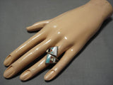 Magnificent Vintage Native American Navajo Turquoise Sterling Silver Inlay Ring Old-Nativo Arts