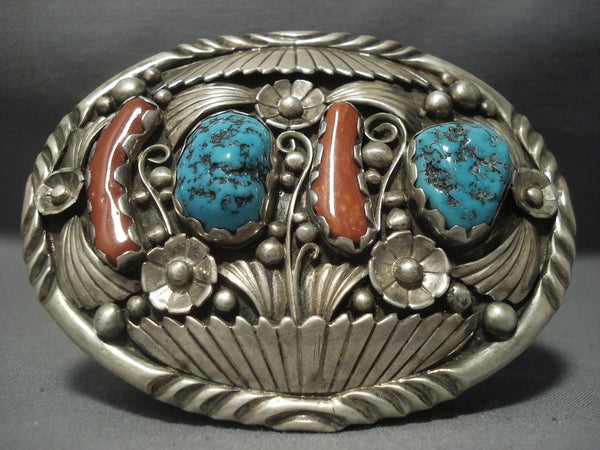 小物 INDIAN JEWELRY NAVAJO sterling NB BUCKLE Sterling Navajo Design Turquoise Coral Fancy Belt Buckle 44426
