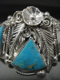 Majestic Navajo 'Triple Triangle Turquoise' Native American Jewelry Silver Flower Leaf Bracelet-Nativo Arts