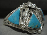 Majestic Navajo 'Triple Triangle Turquoise' Native American Jewelry Silver Flower Leaf Bracelet-Nativo Arts