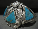 Majestic Navajo 'Triple Triangle Turquoise' Native American Jewelry Silver Flower Leaf Bracelet-Nativo Arts