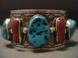 Mammoth Vintage Navajo Turquoise Coral Native American Jewelry Silver Bracelet-Nativo Arts