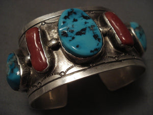 Mammoth Vintage Navajo Turquoise Coral Native American Jewelry Silver Bracelet-Nativo Arts
