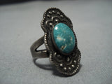 Marvelous Vintage Native American Jewelry Navajo Green Turquoise Sterling Silver Ring Old-Nativo Arts
